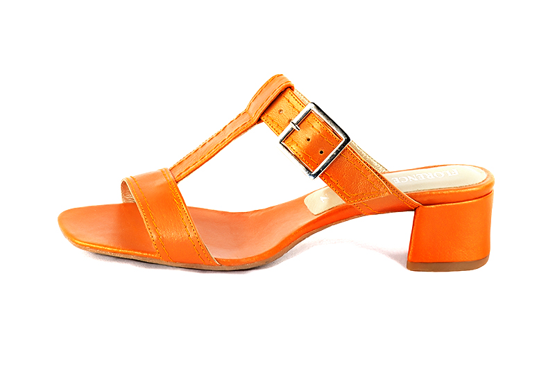 Apricot orange women's fully open mule sandals. Square toe. Low flare heels. Profile view - Florence KOOIJMAN
